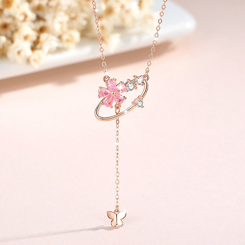 Cherry Blossom Sterling Silver 925 Necklace Female Niche Design Light Luxury Pink Diamond Clavicle Chain 520 Valentine's Day Tassel Pendant
