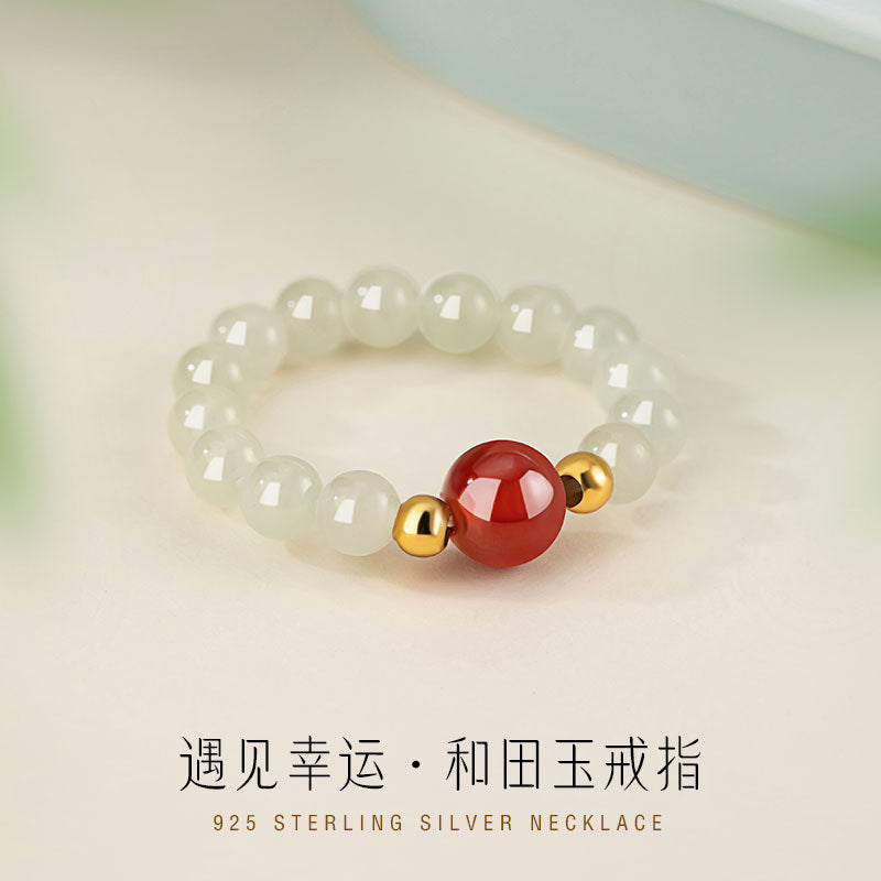 Natural Hetian Jade 925 Sterling Silver Ring Women's Light Luxury High-Grade New Chinese Style Ins Red Agate Beaded Ring