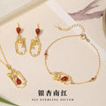 Sansheng Lucky Sterling Silver 925 Necklace New Chinese Style Chaonan Red Agate Water Drop Clavicle Chain Ins Ginkgo Leaf Pendant