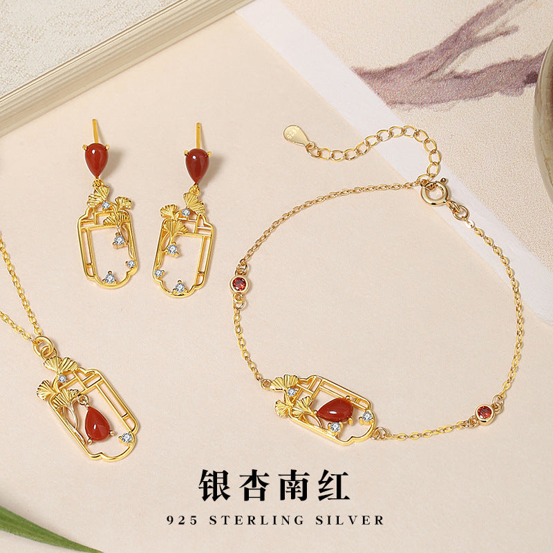 Sansheng Lucky Sterling Silver 925 Necklace New Chinese Style Chaonan Red Agate Water Drop Clavicle Chain Ins Ginkgo Leaf Pendant