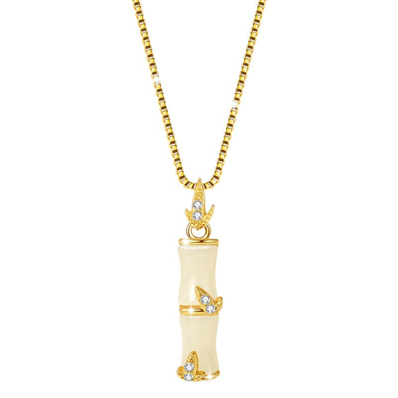 Festival High-Rise Hetian Jade Sterling Silver 925 Necklace National Fashion Ethnic Style Bamboo Clavicle Chain Ins Bamboo Zircon Pendant