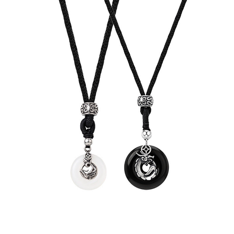 S925 Silver Necklace Longfeng Chengxiang Couple Safety Buckle Black Agate White Chalcedony Pendant Qixi Love Token Gift