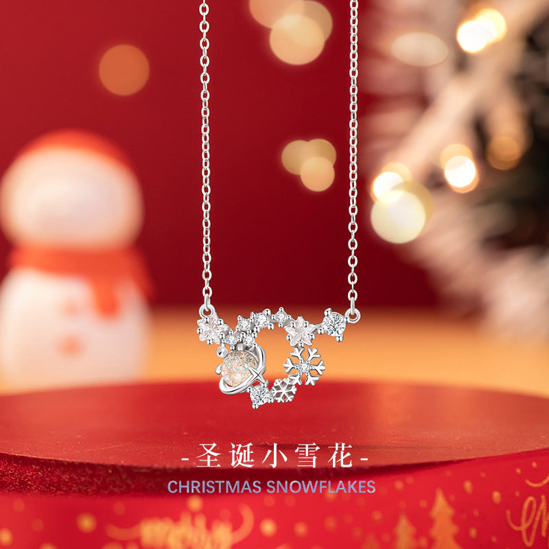 Snowflake Sterling Silver 925 Necklace Female Niche Design Light Luxury Glass Stone Star Clavicle Chain Ins Christmas Pendant