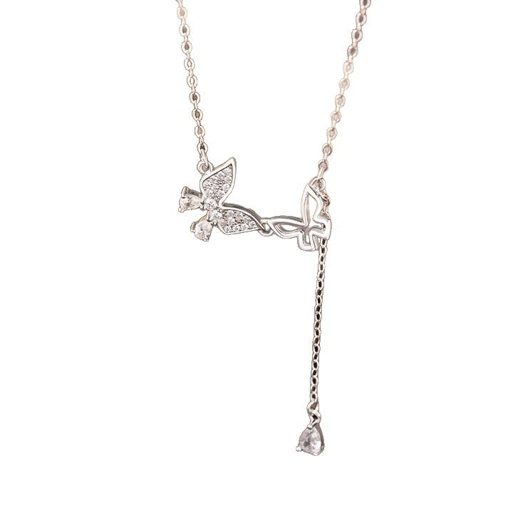 Butterfly Pure Silver 999 Necklace Women's Light Luxury High-Grade Star Tassel Zircon Clavicle Chain Small Red Book Same Pendant
