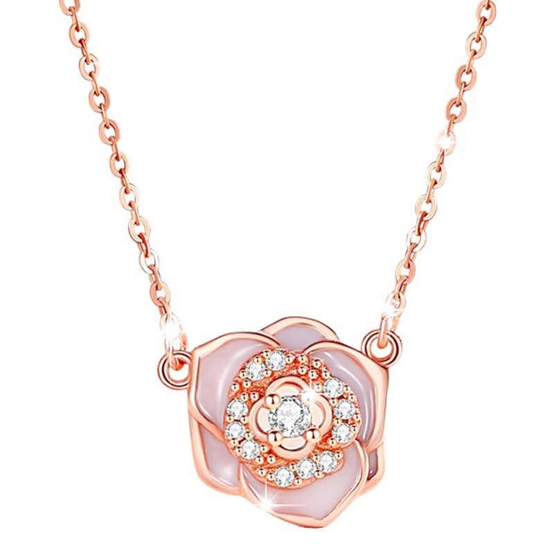 Camellia Sterling Silver 925 Necklace for Women, Niche Design, Light Luxury Clavicle Chain, INS Style Flower Zircon Pendant