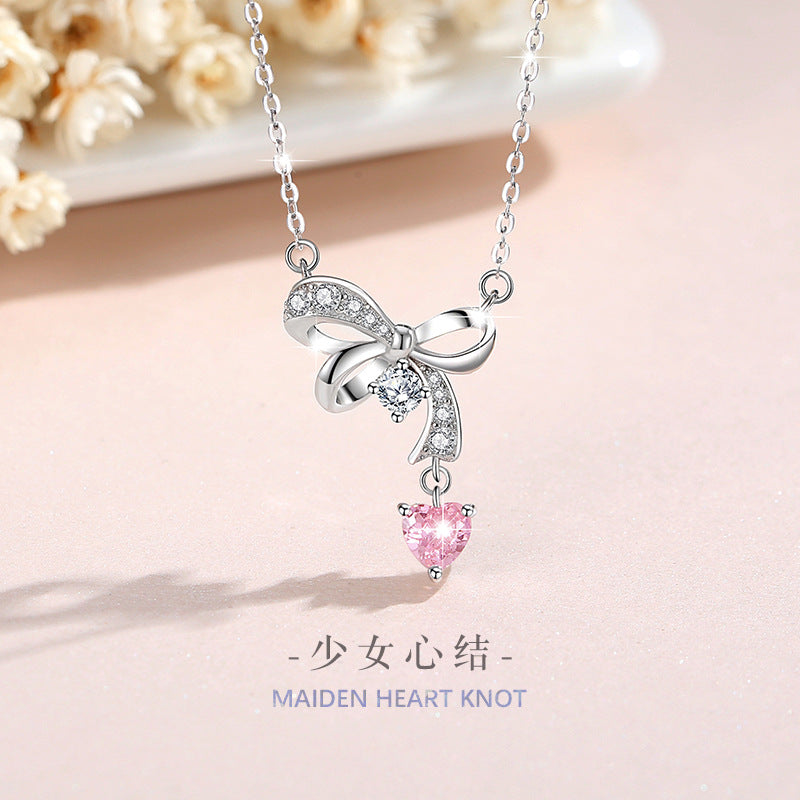 Bow Sterling Silver 925 Necklace Women's Fashion All-Match Zircon Clavicle Chain Valentine's Day Ins Style Love Pendant