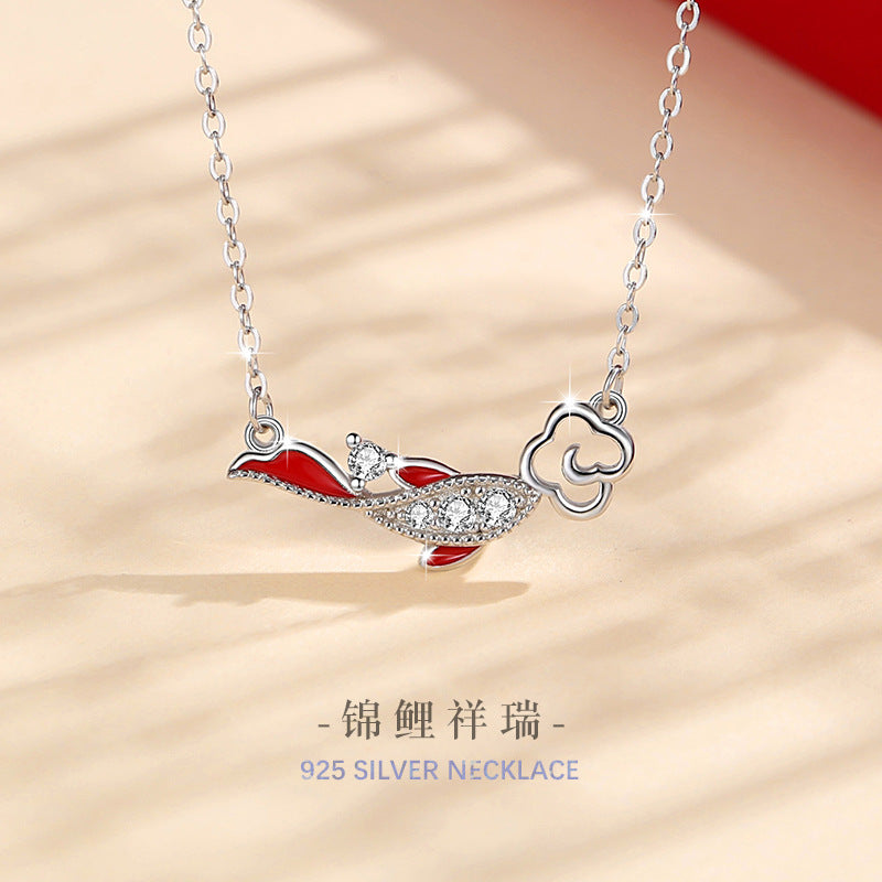 Koi Fish Sterling Silver 925 Necklace Women's Fashion All-Match Zircon Clavicle Chain for Valentine's Day Ins Auspicious Cloud Pendant