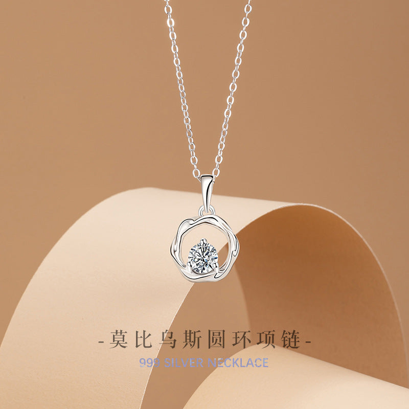 Mobius Ring Pure Silver 999 Necklace Niche Design Light Luxury Zircon Clavicle Chain Ins Style round Pendant