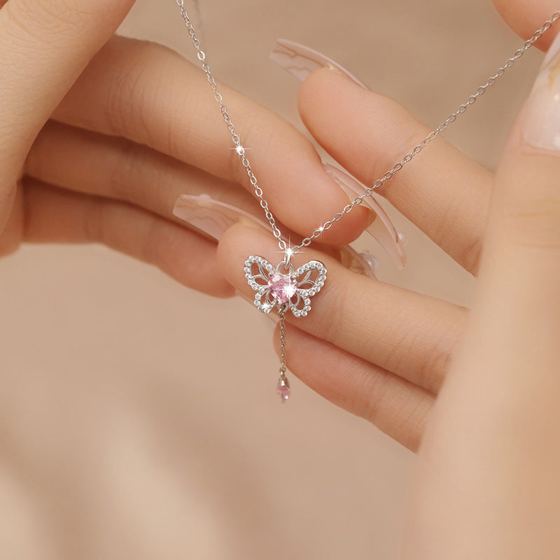 Butterfly Sterling Silver 925 Necklace Female Niche Design Light Luxury Pink Zircon Tassel Clavicle Chain Ins Love Pendant