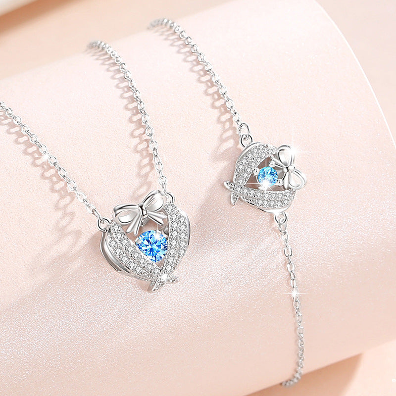 Heart-Shaped Smart Sterling Silver 925 Necklace Women's Bracelet All-Match Zircon Clavicle Chain Gift Ins Style Bow Pendant