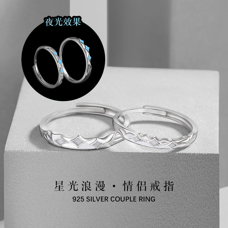Star Sterling Silver 925 Luminous Couple Ring Light Luxury High-Grade Starry Ring Ins Valentine's Day Gift Ring