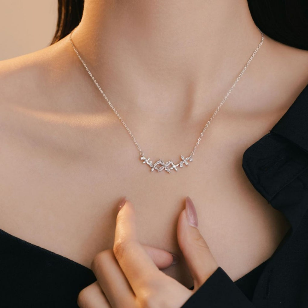 Butterfly Sterling Silver 925 Necklace Women's Fashion Versatile Zircon Flower Clavicle Chain Ins Style Lucky Clover Pendant