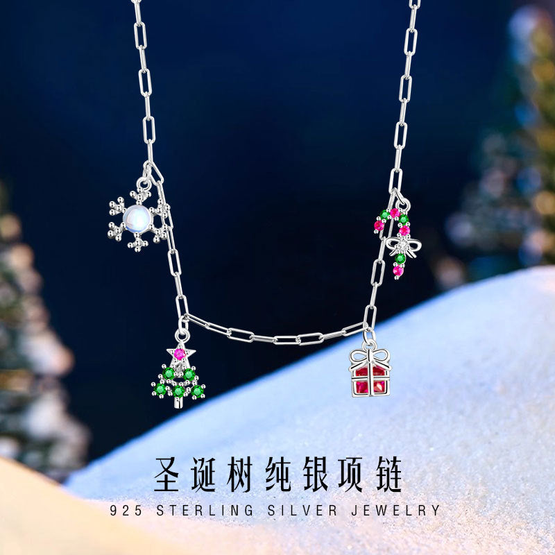 Collana in argento sterling 925 – albero di Natale e fiocco di neve e zirconi