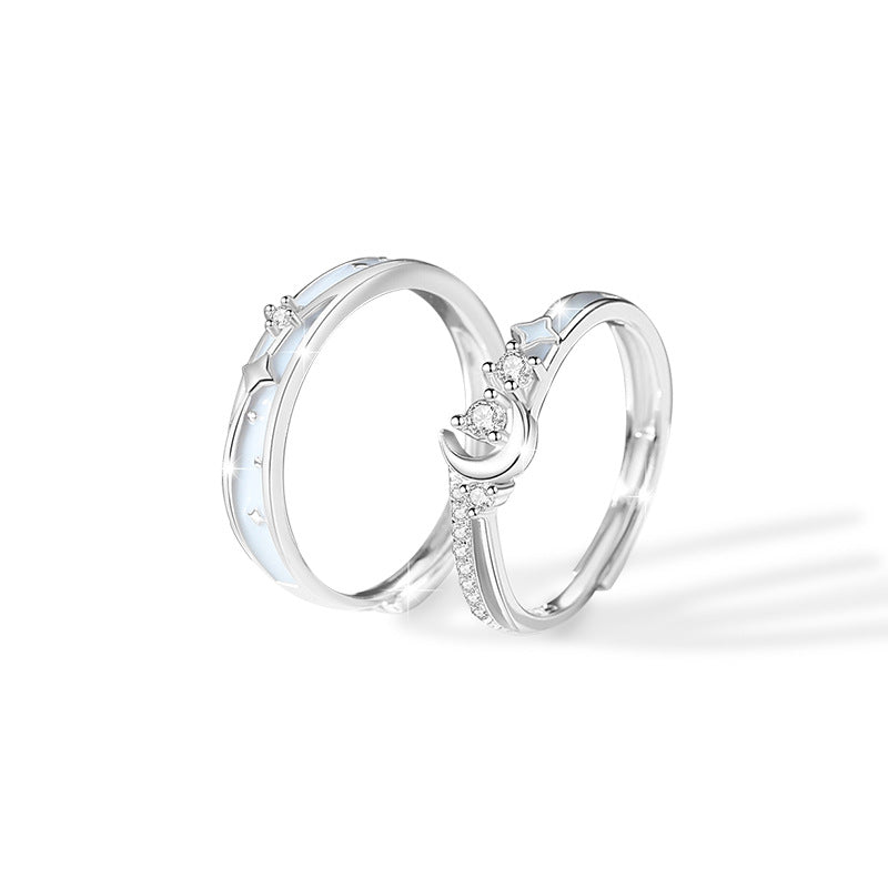 Star Sterling Silver 925 Luminous Couple Ring Men and Women Fashion All-Match Zircon Ring Thing Ins Moon Ring