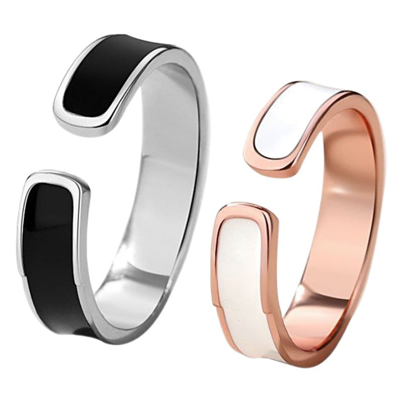 Black and White Sterling Silver 925 Couple Ring Light Luxury Long-Distance Love Flat Ring Valentine's Day Open Adjustable Plain Ring