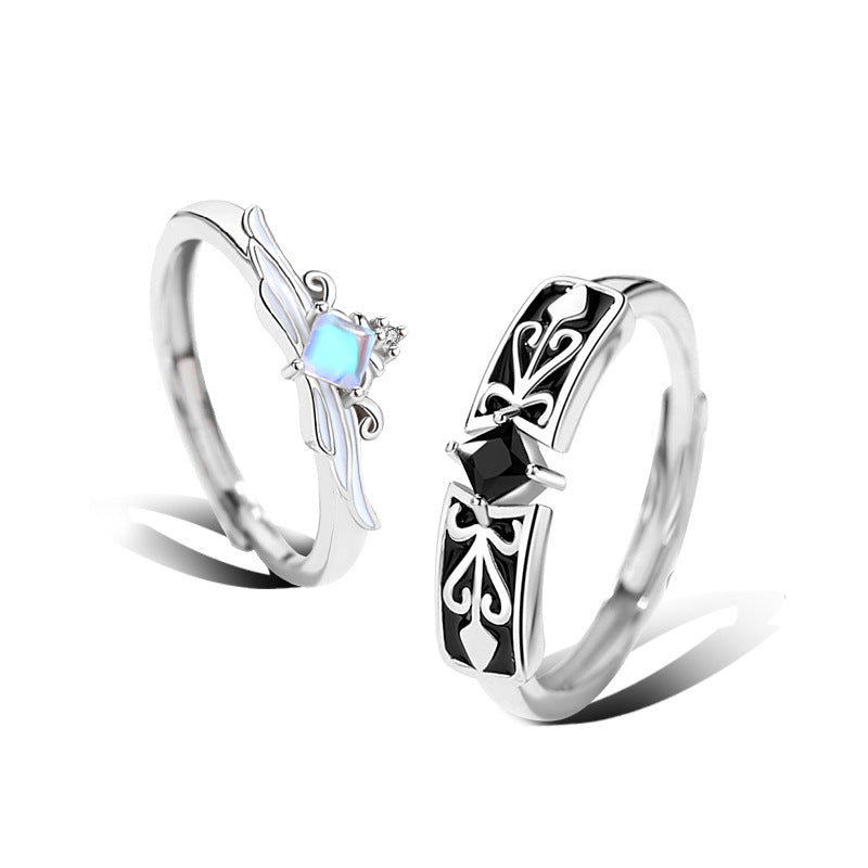 Original Design Couple Ring a Pair of Moonstone 925 Sterling Silver Men's and Women's Ring Niche Design Sense Light Luxury Sense