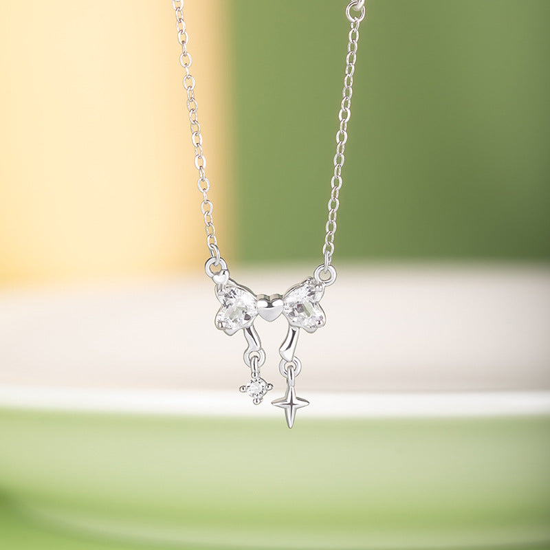 Lixing Shining Bow Necklace for Women S925 Sterling Silver Niche High-End Sense Non-Fading All-Match Clavicle Chain Wholesale