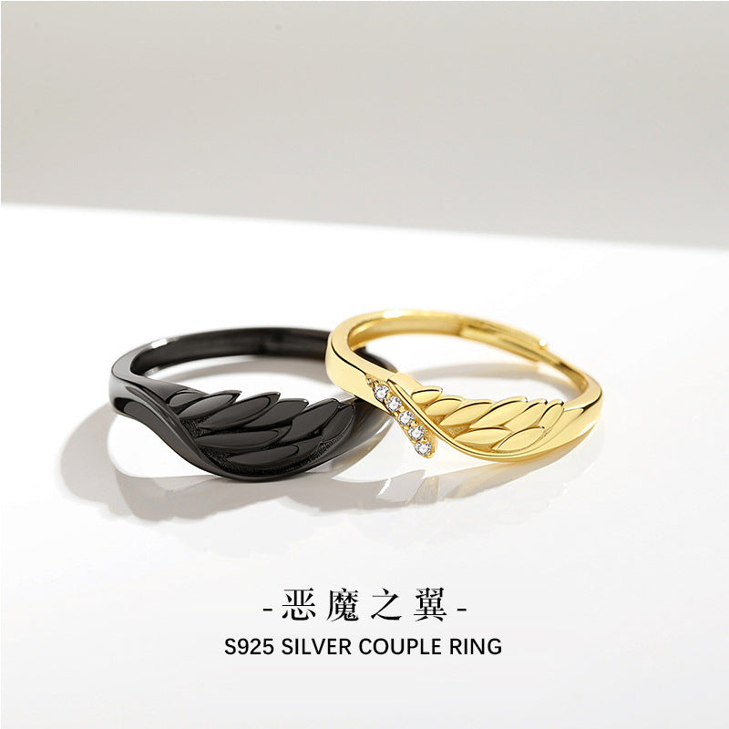 Angel Wings Sterling Silver 925 Couple Ring Men and Women Fashion Versatile Zircon Ring Ins Wind Wings Pair Ring