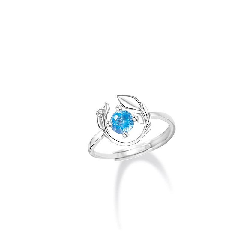 Yu You Accompany Sterling Silver 925 Ring Female Niche Design Light Luxury Blue Zircon Ring Ins Style Feather Ring