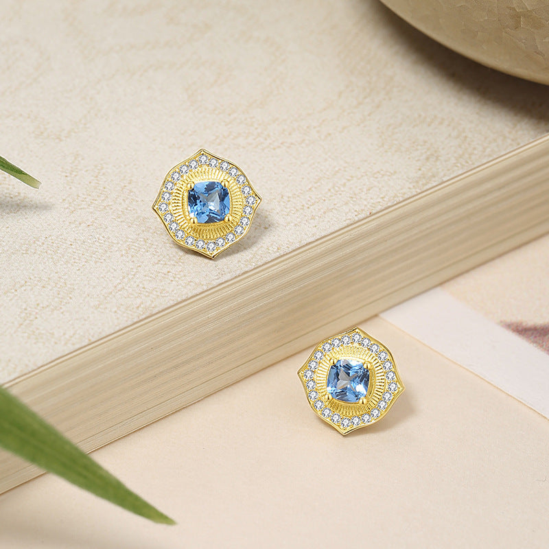 Ocean Heart Sterling Silver 925 Stud Earrings Women's Light Luxury High-Grade Navy Blue Zircon Square Sugar Earrings Ins Style Lovely Earrings