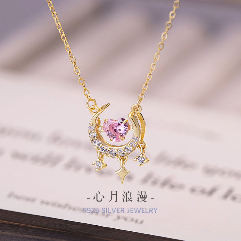 Lovely Sterling Silver 925 Necklace Niche Design Light Luxury Shijia Pearl Clavicle Chain Pink Moon Zircon Pendant