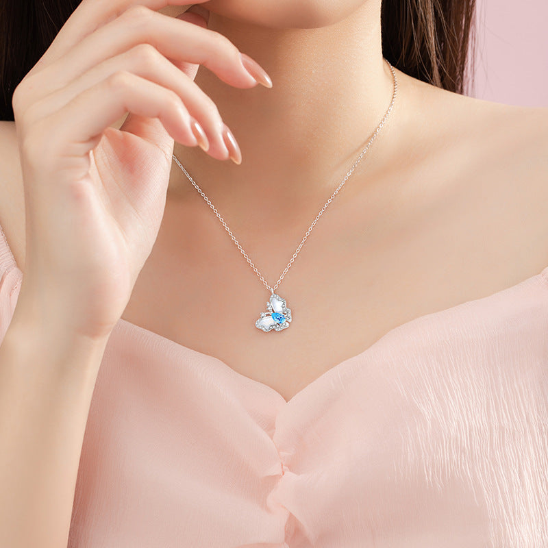 Original Butterfly Sterling Silver 925 Necklace Women's Fashion Versatile Ocean Blue Zircon Clavicle Chain Ins Style White Fritillary Pendant