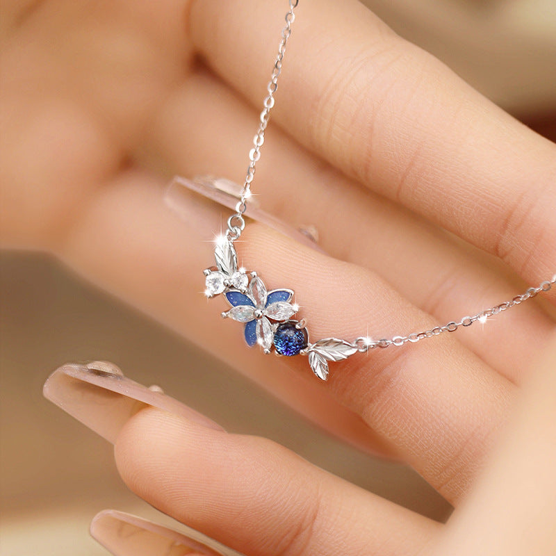 Butterfly Sterling Silver 925 Necklace Female Niche Design Light Luxury Glass Stone Clavicle Chain Get Things Ins Style Flower Pendant