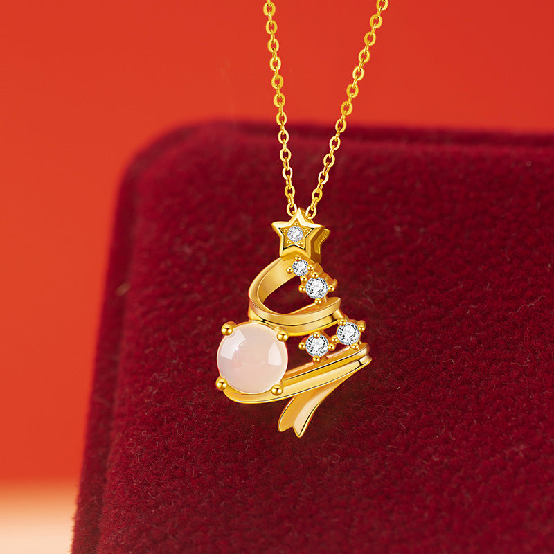 Christmas Tree Sterling Silver 925 Necklace Women's Light Luxury High-Grade Star Chalcedony Clavicle Chain Ins Style Wishing Tree Pendant