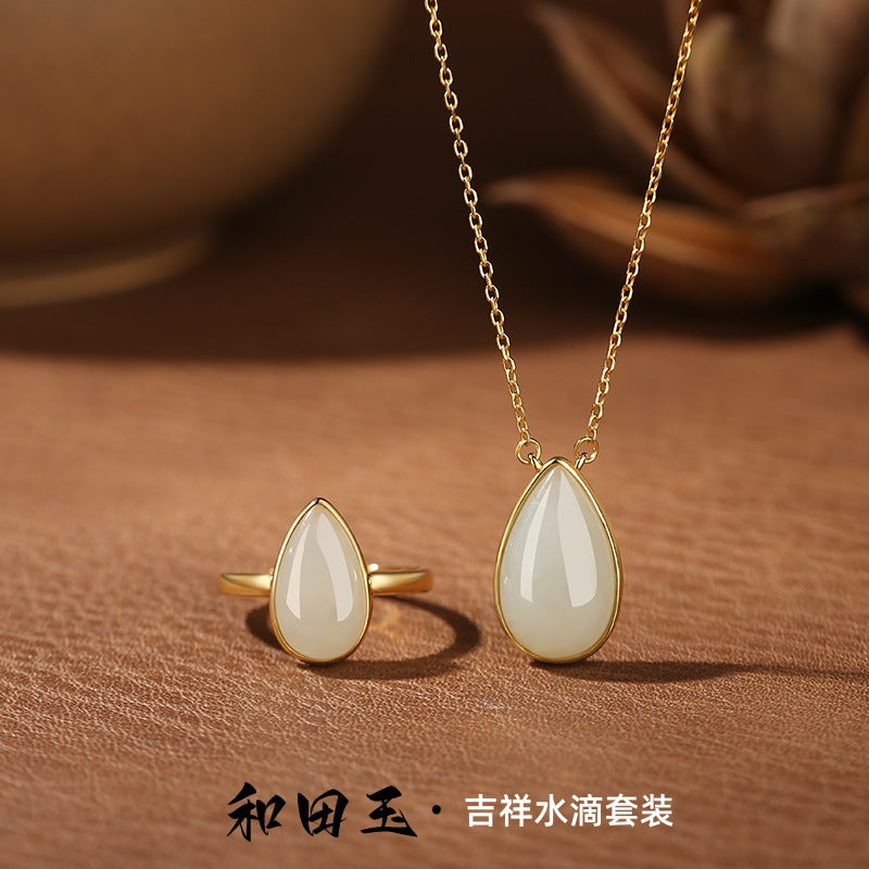 Natural Hetian Jade S925 Sterling Silver Necklace Ring High-Grade Auspicious Water Drop Bag Inlaid Craft National Style Jewelry Supply