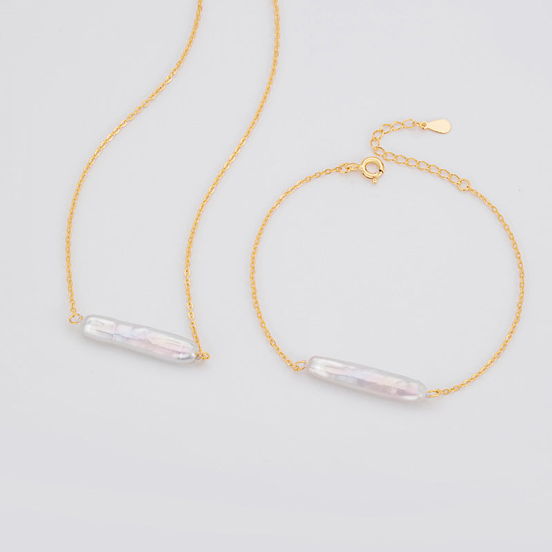 Square Silver Bar Sterling Silver 925 Necklace Niche Design Light Luxury Baroque Pearl Clavicle Chain Ins Style Pendant