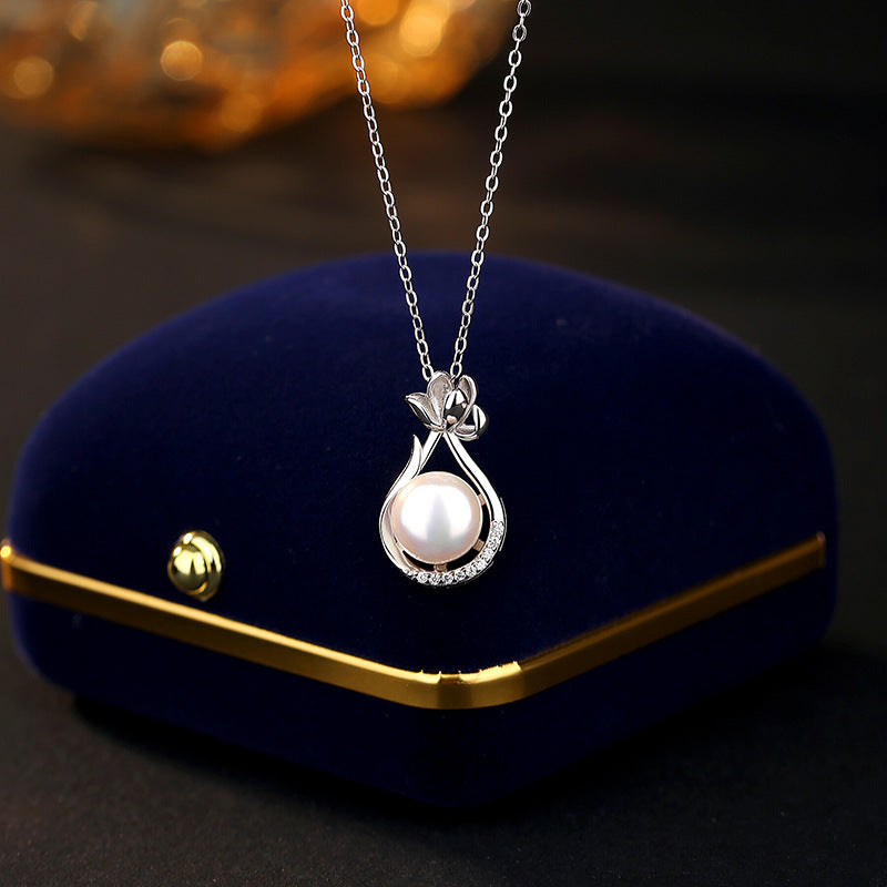 S925 Sterling Silver Necklace Women's National Style Flower Freshwater Pearl Pendant Light Luxury Clavicle Chain Mother's Day Silver Jewelry Gift