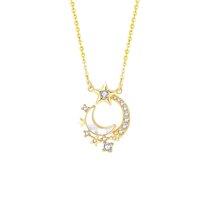 Moon Sterling Silver 925 Necklace Female Niche Design Light Luxury White Fritillary Clavicle Chain Ins Style Star Zircon Pendant