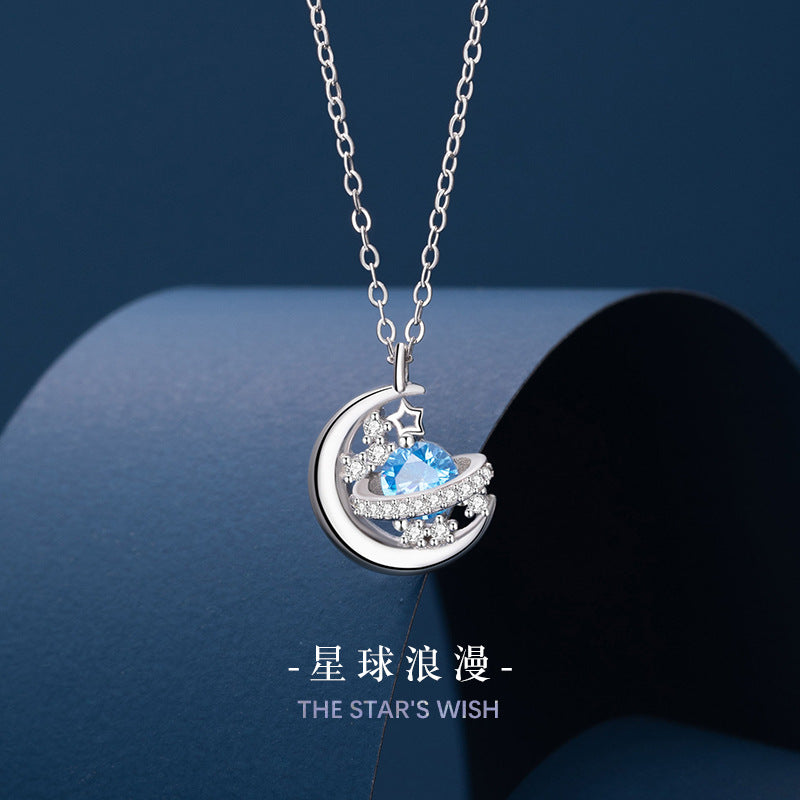 Romantic Planet Sterling Silver 925 Necklace Women's Fashion All-Match Star River Clavicle Chain Ins Style Star Moon Pendant
