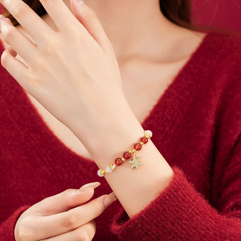 Snowflake Sterling Silver 925 Bracelet Women's Fashion All-Match Shijia Pearl Bracelet Ins Style Christmas Gift Chalcedony Bracelet