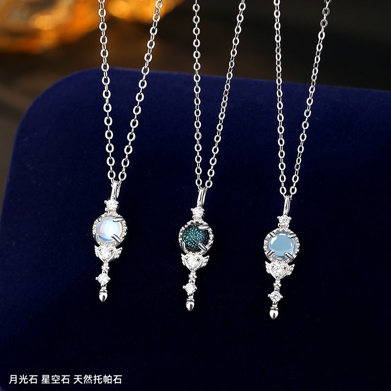 Natural Topaz S925 Sterling Silver Necklace Moonstone Starry Sky Stone Fairy Magic Stick Pendant Niche Silver Jewelry Supply
