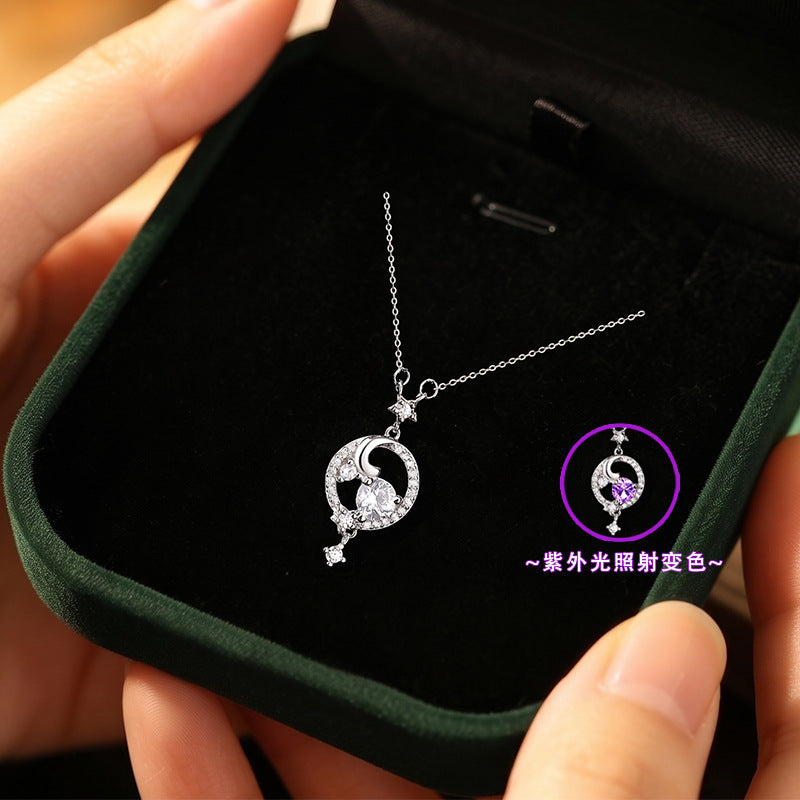 S925 Sterling Silver Necklace Female UV Photosensitive Color-Changing Clover Star Moon Pendant Creative Surprise Gift Clavicle Chain