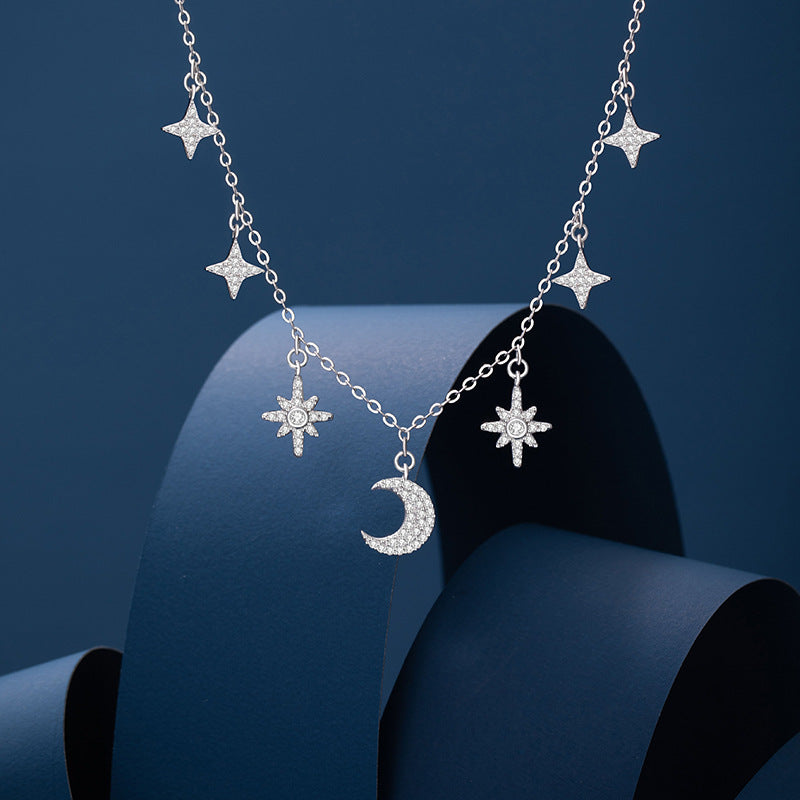 Star Moon Sterling Silver 925 Necklace Female Niche Design Light Luxury Eight Awn Star Clavicle Chain Ins Style Sun Pendant