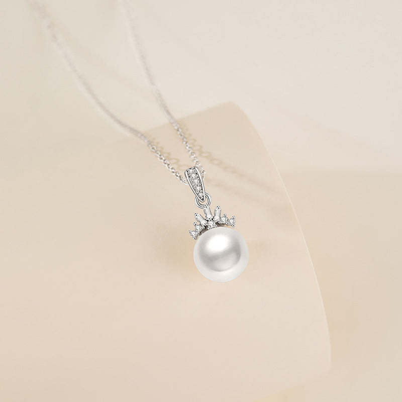 Natural Freshwater Pearl Sterling Silver 925 Necklace Women's Light Luxury High-Grade Crown Zircon Clavicle Chain Ins Style Pendant