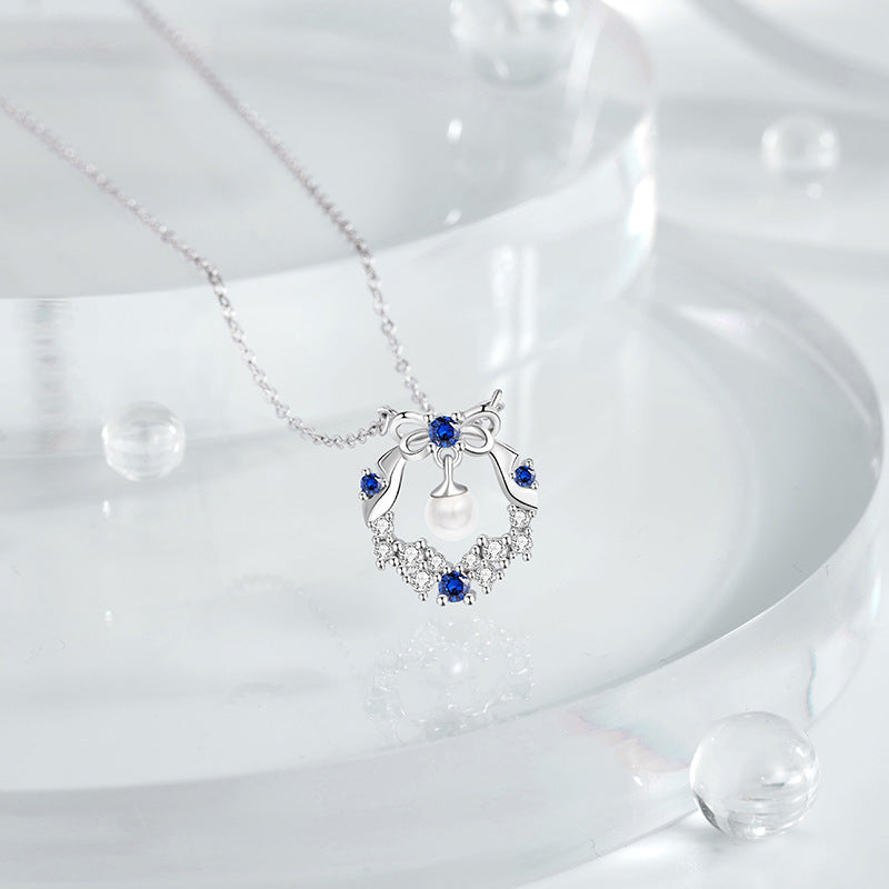 Bowknot Sterling Silver 925 Necklace Female Niche Design Light Luxury Pearl Bell Clavicle Chain Ins Style Garland Pendant
