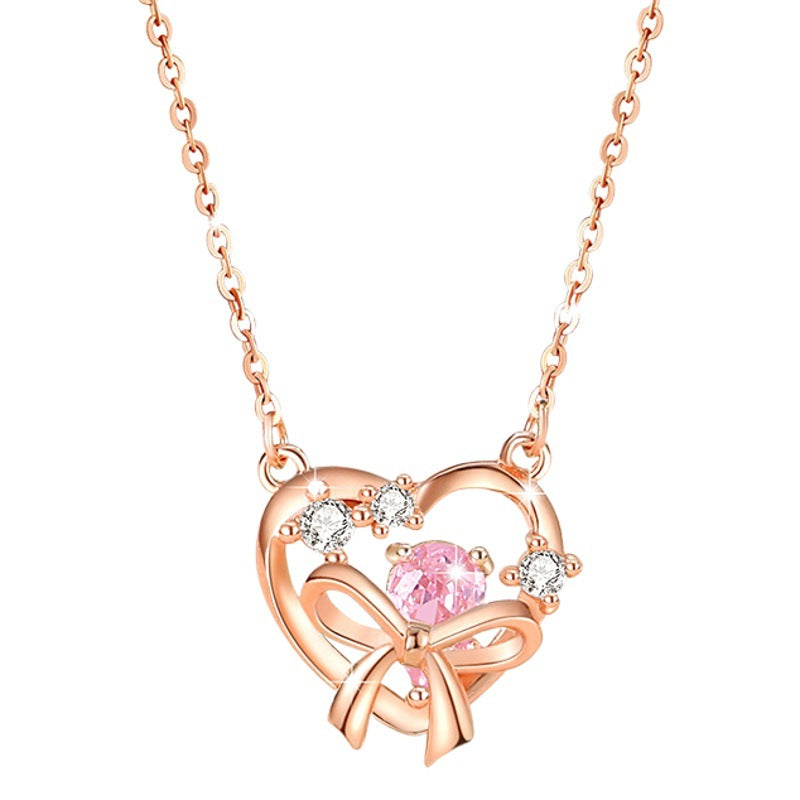 Lovely Sterling Silver 925 Necklace Female Niche Design Light Luxury Pink Diamond Clavicle Chain Get Things Ins Style Bow Pendant