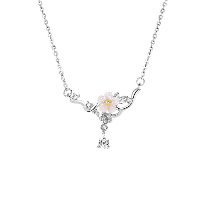 Cherry Blossom Sterling Silver 925 Necklace Female Niche Design Light Luxury White Shell Clavicle Chain Get Things Ins Style Flower Pendant