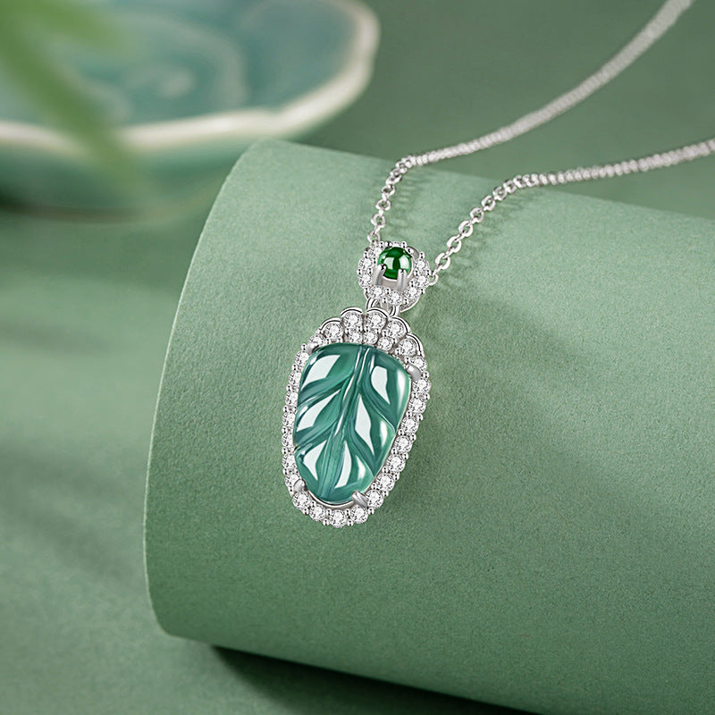 Leaf Sterling Silver 925 Necklace Women's Light Luxury Natural Dangerous Jade Clavicle Chain New Chinese Style Gold Branch Jade Leaf Pendant