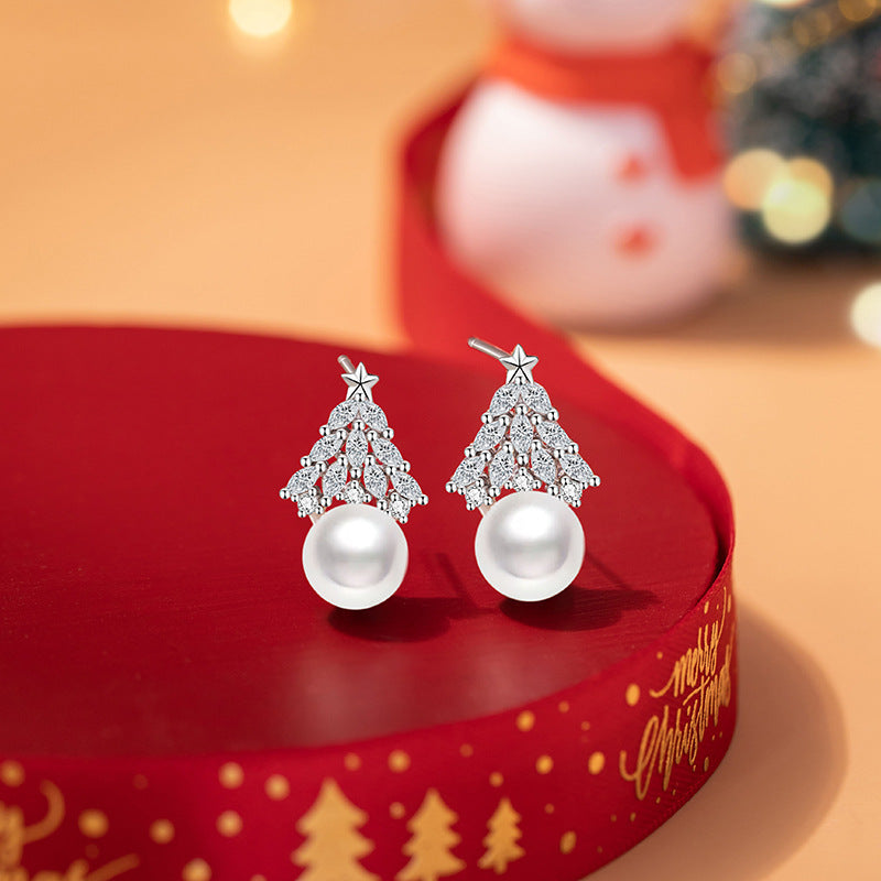 Christmas Tree Sterling Silver 925 Stud Earrings Female Niche Design Light Luxury Style Shijia Pearl Earrings Ins Style Star Earrings