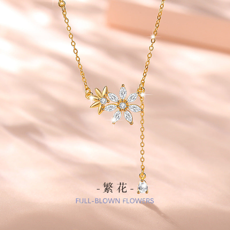 Flowers like Brocade Sterling Silver 925 Necklace Female Niche Design Light Luxury Flower Clavicle Chain Ins Style Sunflower Pendant