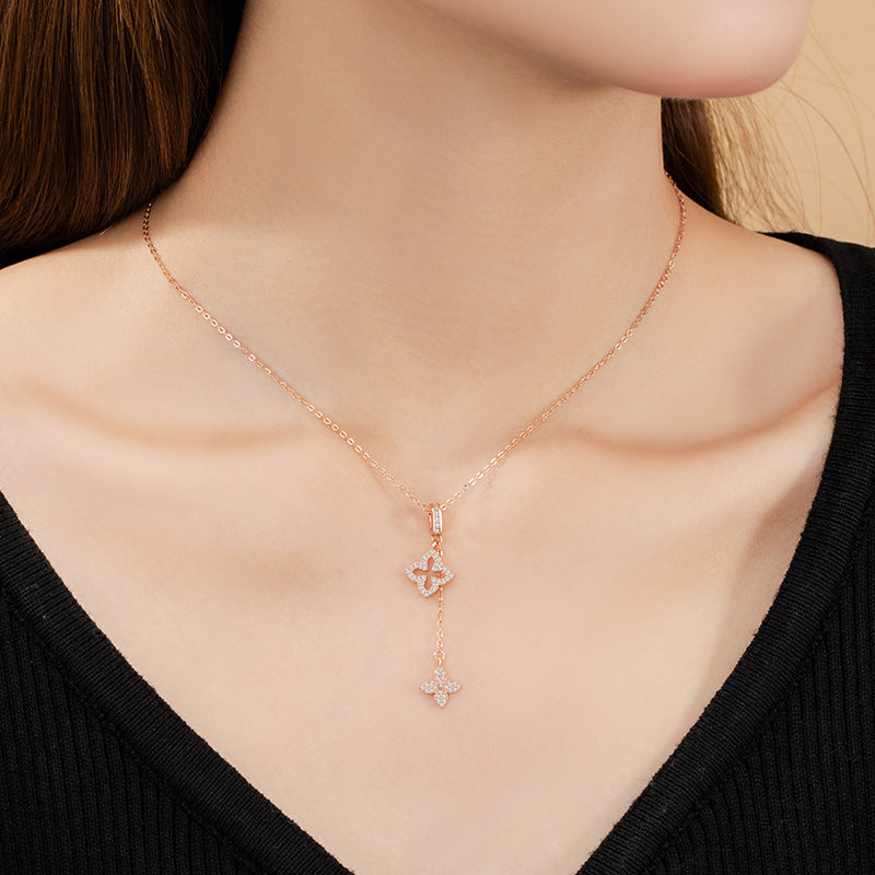 Clover Sterling Silver S925 Necklace Women's Simple Niche Design Flower Clavicle Chain in Style Tassel Star Pendant