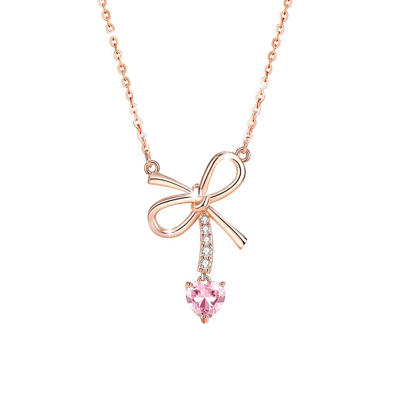Bowknot Sterling Silver 925 Necklace Female Niche Design Light Luxury Pink Zircon Clavicle Chain Ins Style Love Pendant