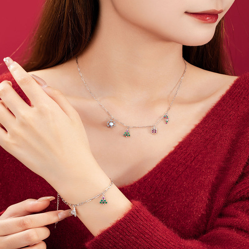 Collana in argento sterling 925 – albero di Natale e fiocco di neve e zirconi