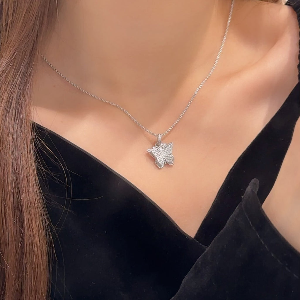 Ancient Butterfly Sterling Silver 925 Necklace Women's Retro Court Style Tassel Clavicle Chain Ins Style High-Grade Zircon Pendant