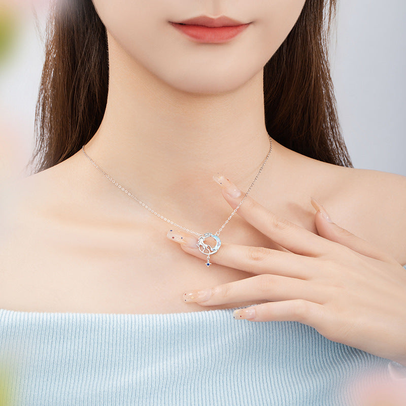 Unicorn Sterling Silver 925 Necklace Female Niche Design Light Luxury Glass Stone Moon Clavicle Chain Ins Star Pendant