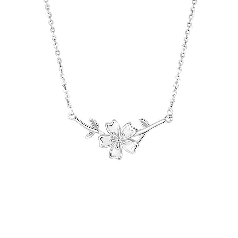 Cherry Blossom Sterling Silver 925 Necklace Female Niche Design Light Luxury Leaf Clavicle Chain Get Things Ins Style Flower Pendant